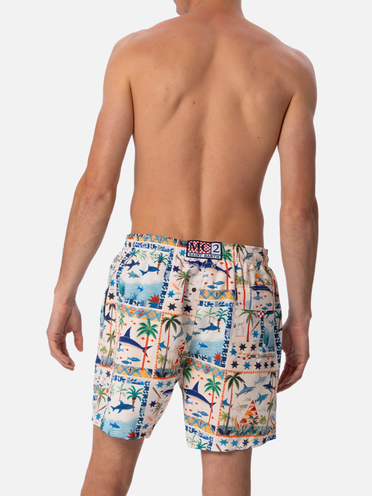 Mid-length Gustavia swim-shorts with shark print | AI CO-CREATED DESIGN BY RICKDICK - POWERED BY RED-EYE - MC2 Saint Barth