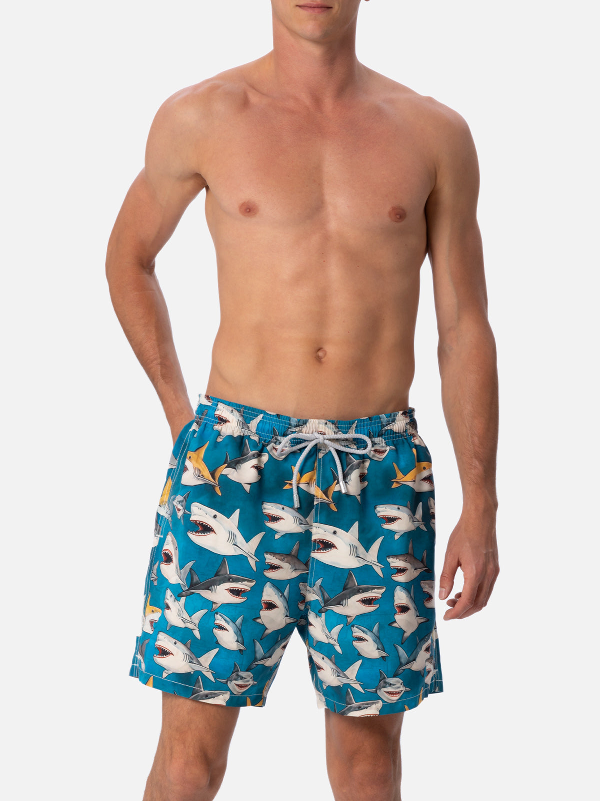 Man mid-length Gustavia swim-shorts with shark print | AI CO-CREATED DESIGN BY RICKDICK - POWERED BY RED-EYE - MC2 Saint Barth