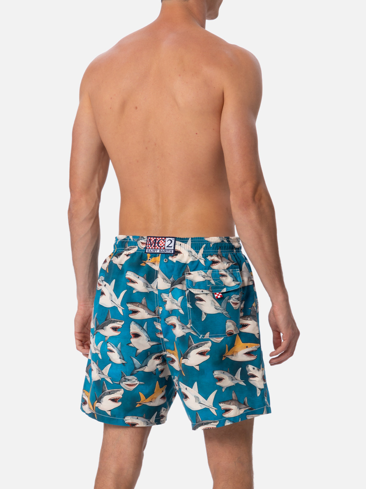 Man mid-length Gustavia swim-shorts with shark print | AI CO-CREATED DESIGN BY RICKDICK - POWERED BY RED-EYE - MC2 Saint Barth