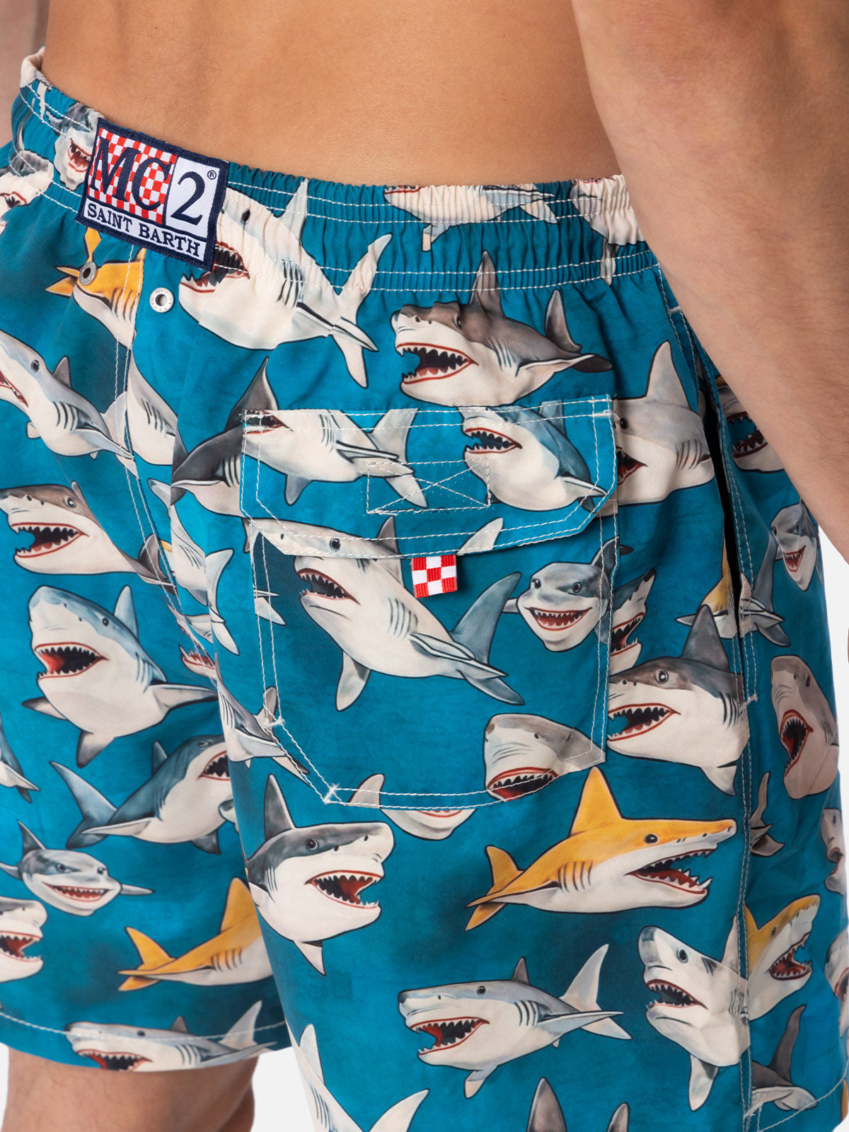 Man mid-length Gustavia swim-shorts with shark print | AI CO-CREATED DESIGN BY RICKDICK - POWERED BY RED-EYE - MC2 Saint Barth