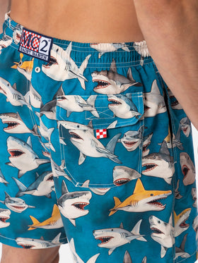 Man mid-length Gustavia swim-shorts with shark print | AI CO-CREATED DESIGN BY RICKDICK - POWERED BY RED-EYE - MC2 Saint Barth