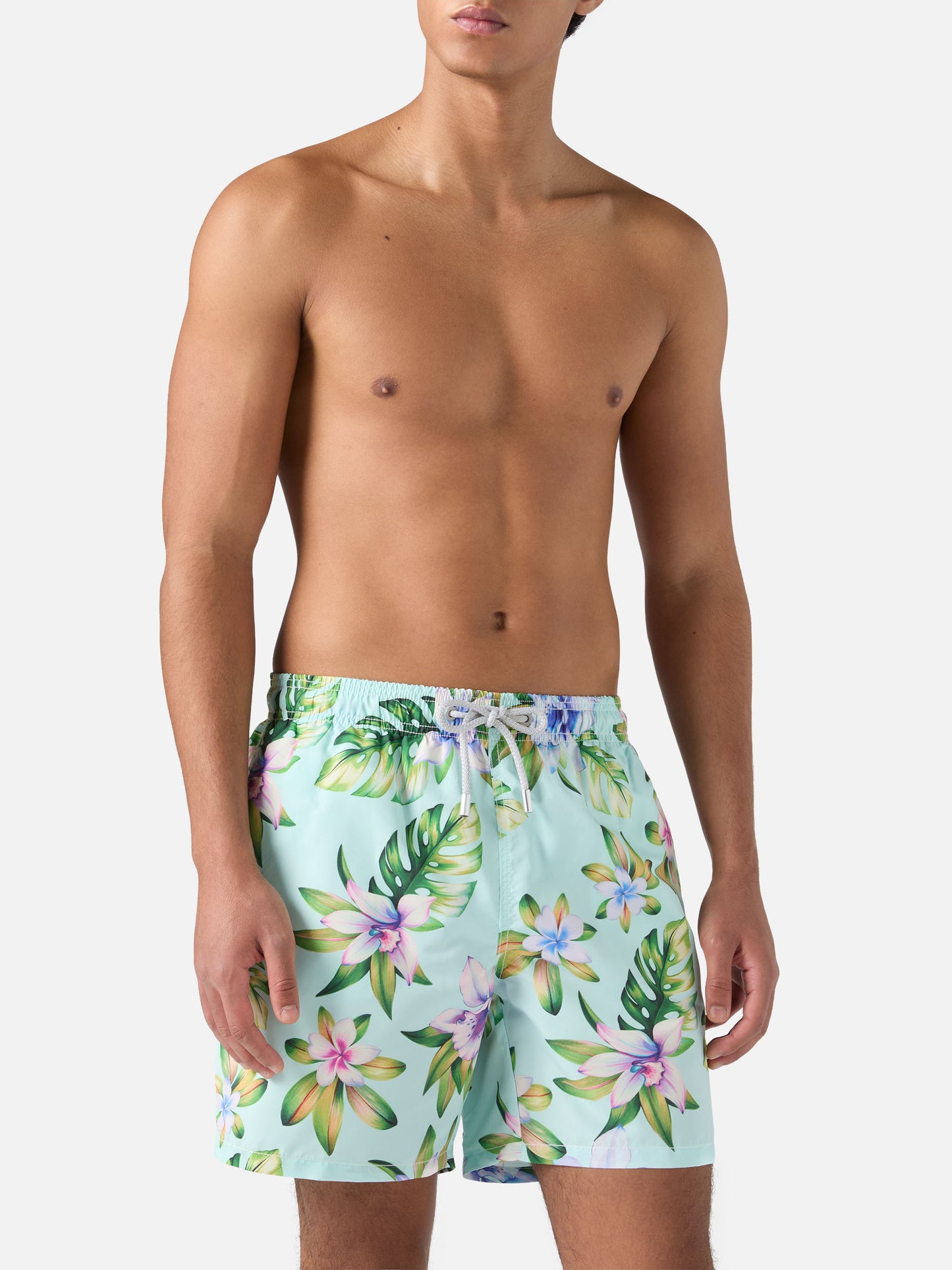Mid-length Gustavia swim-shorts with tropical print