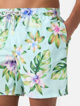 Mid-length Gustavia swim-shorts with tropical print