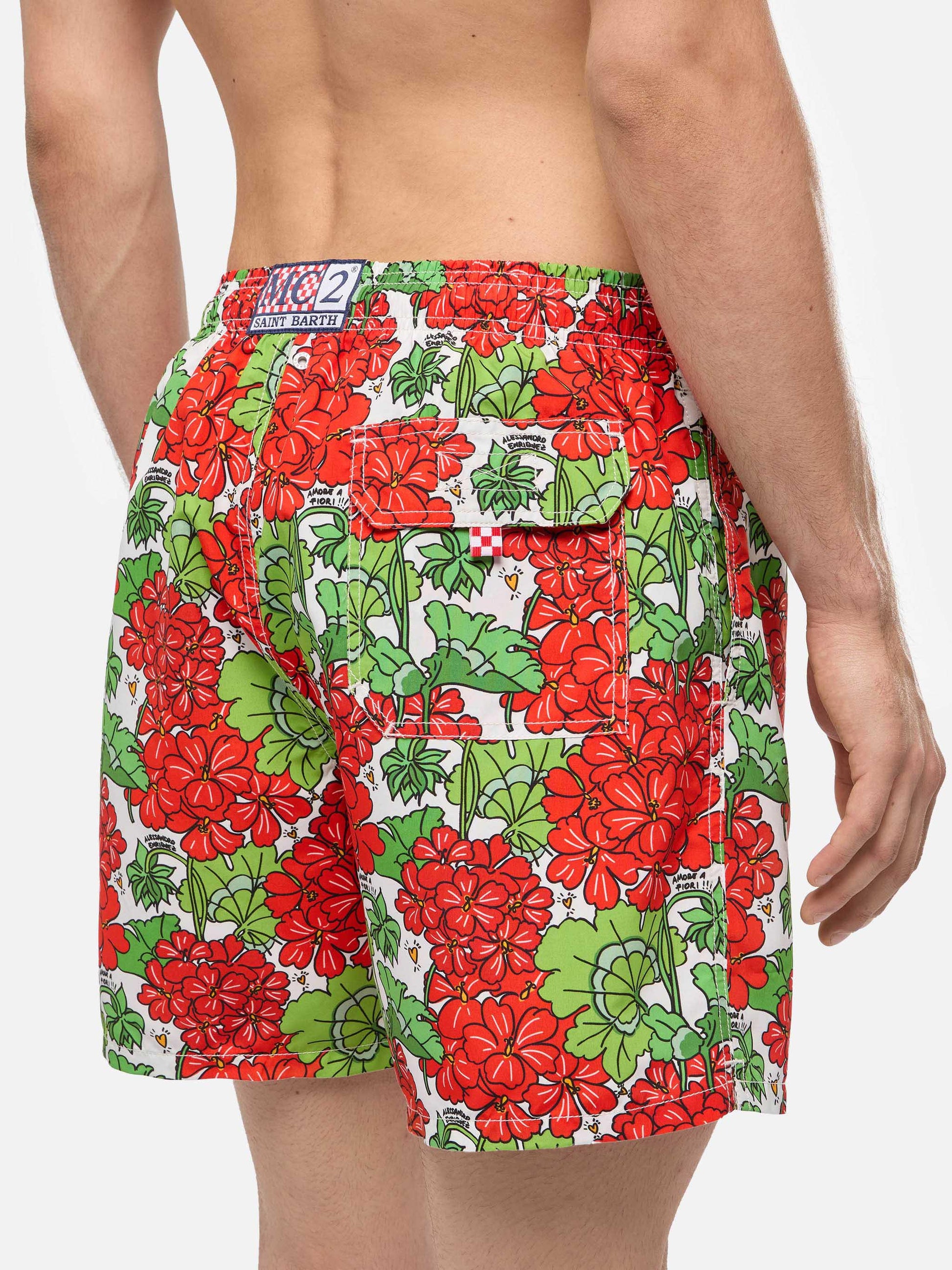 Mid-length Gustavia swim-shorts with flower print | ALESSANDRO ENRIQUEZ SPECIAL EDITION - MC2 Saint Barth