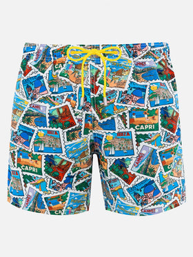 Mid-length Gustavia swim-shorts with postcard print | ALESSANDRO ENRIQUEZ SPECIAL EDITION