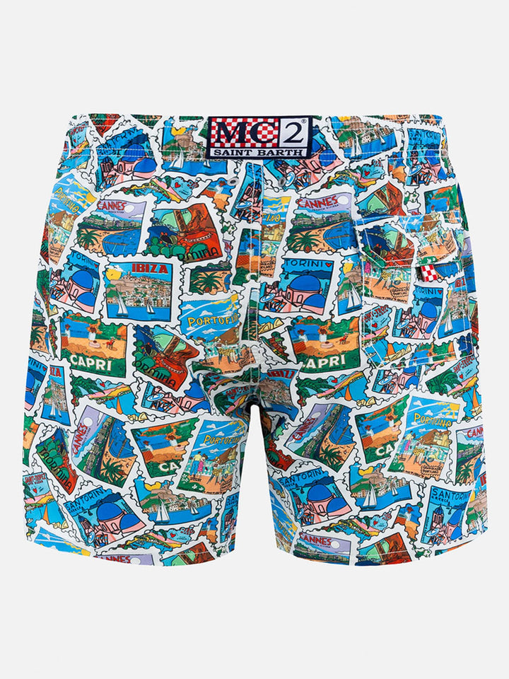 Mid-length Gustavia swim-shorts with postcard print | ALESSANDRO ENRIQUEZ SPECIAL EDITION