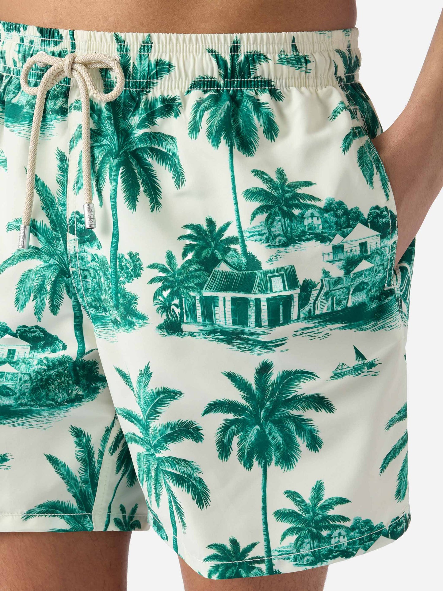 Gustavia swim shorts with green toile de jouy print | Special Edition