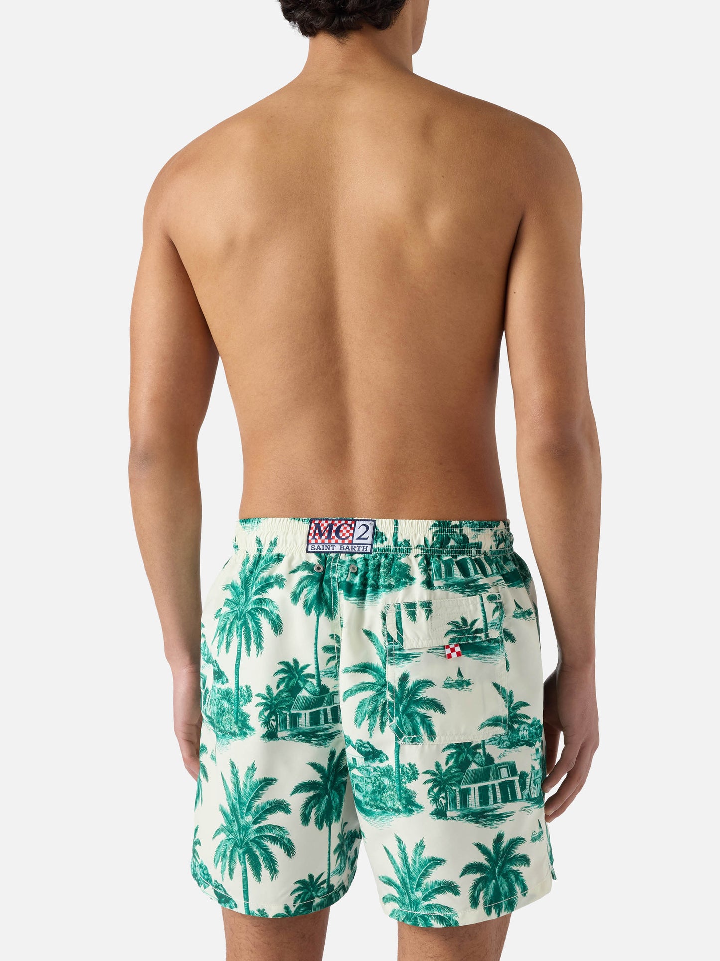Gustavia swim shorts with green toile de jouy print | Special Edition