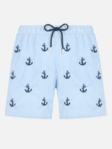 Man mid-length seersucker Gustavia swim shorts with anchors embroidery