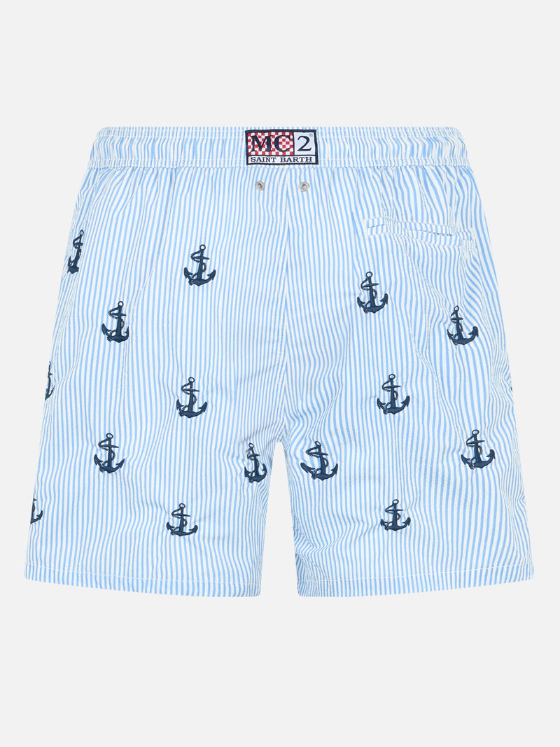 Man mid-length seersucker Gustavia swim shorts with anchors embroidery