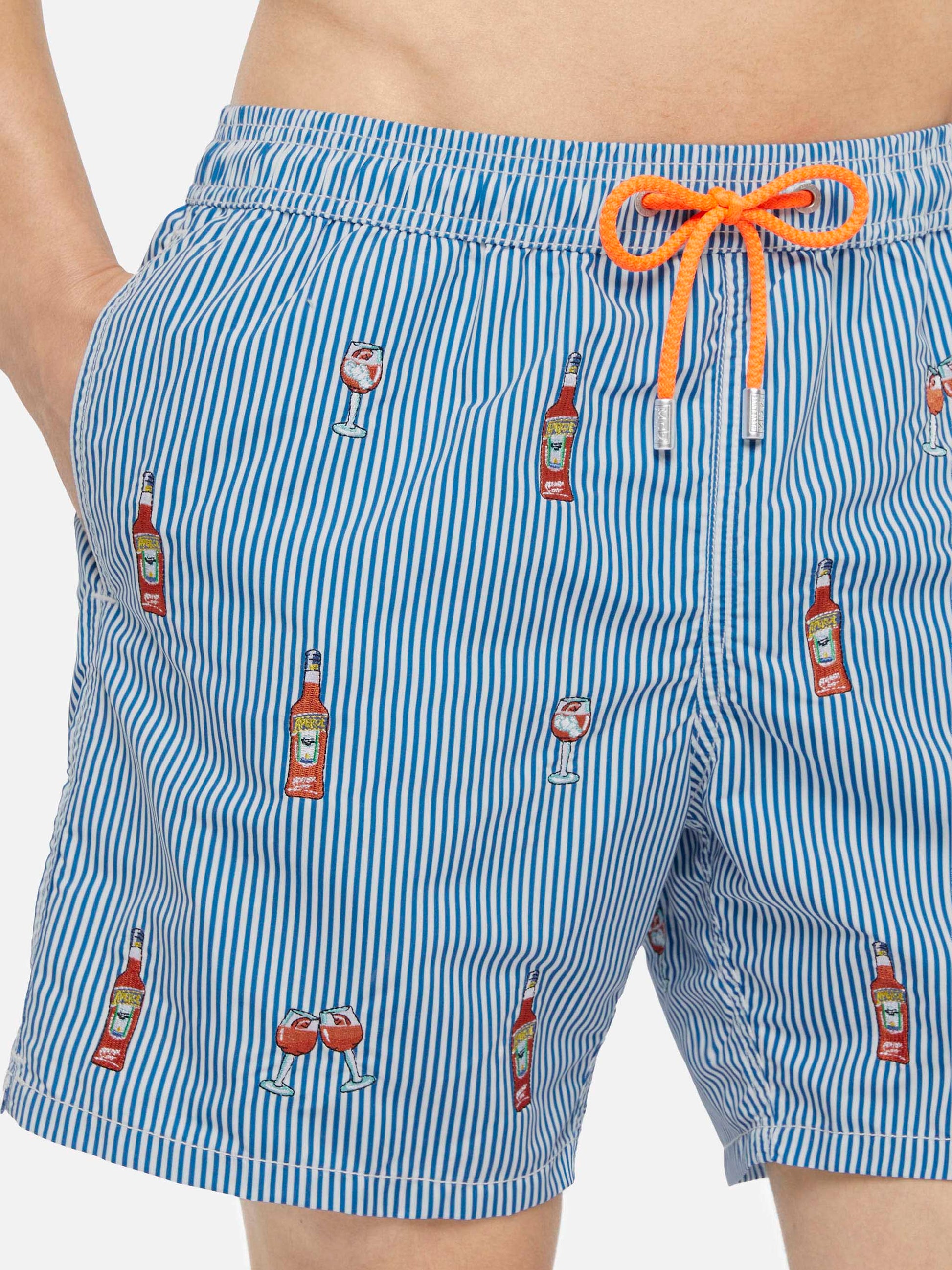 Mid-length striped Gustavia swim-shorts with Aperol Spritz embroidery | APEROL SPECIAL EDITION - MC2 Saint Barth