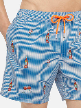 Mid-length striped Gustavia swim-shorts with Aperol Spritz embroidery | APEROL SPECIAL EDITION - MC2 Saint Barth