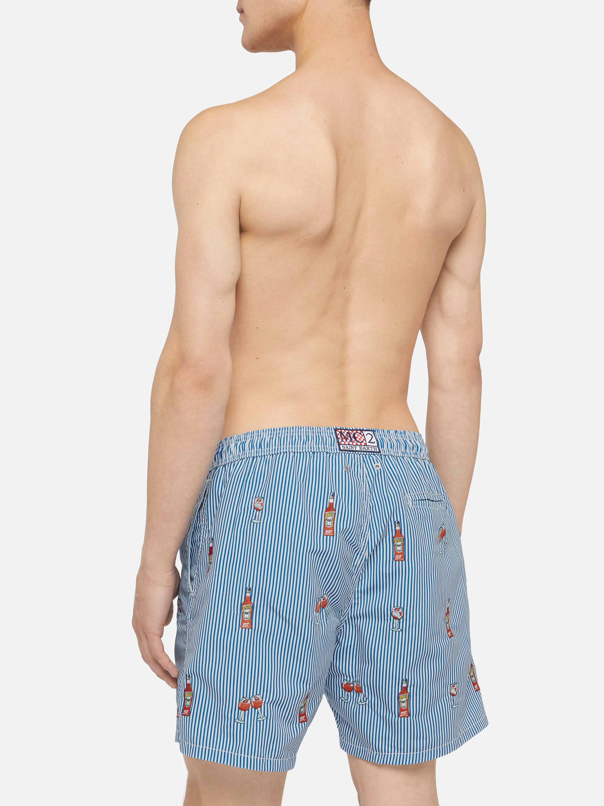 Mid-length striped Gustavia swim-shorts with Aperol Spritz embroidery | APEROL SPECIAL EDITION - MC2 Saint Barth