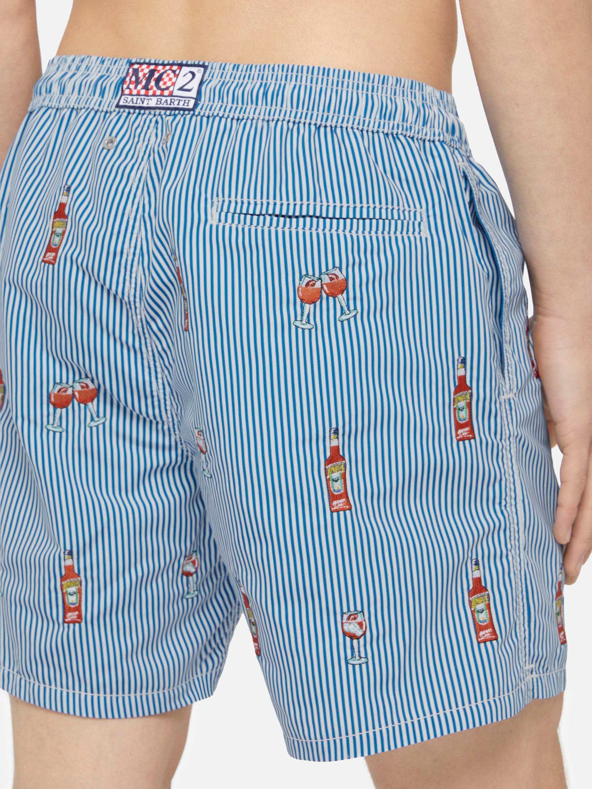Mid-length striped Gustavia swim-shorts with Aperol Spritz embroidery | APEROL SPECIAL EDITION - MC2 Saint Barth