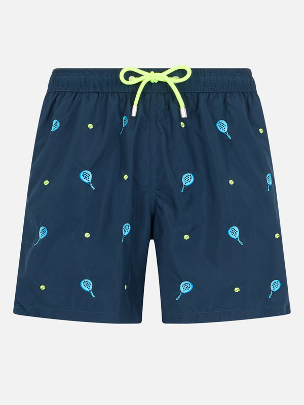 Man mid-length Gustavia swim shorts with padel embroidery