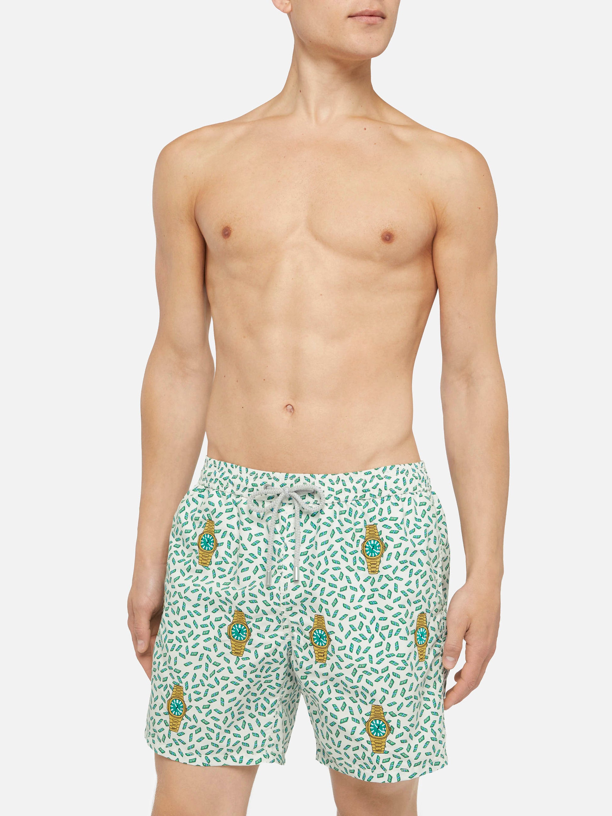 Mid-length striped Gustavia swim-shorts with watches embroidery - MC2 Saint Barth