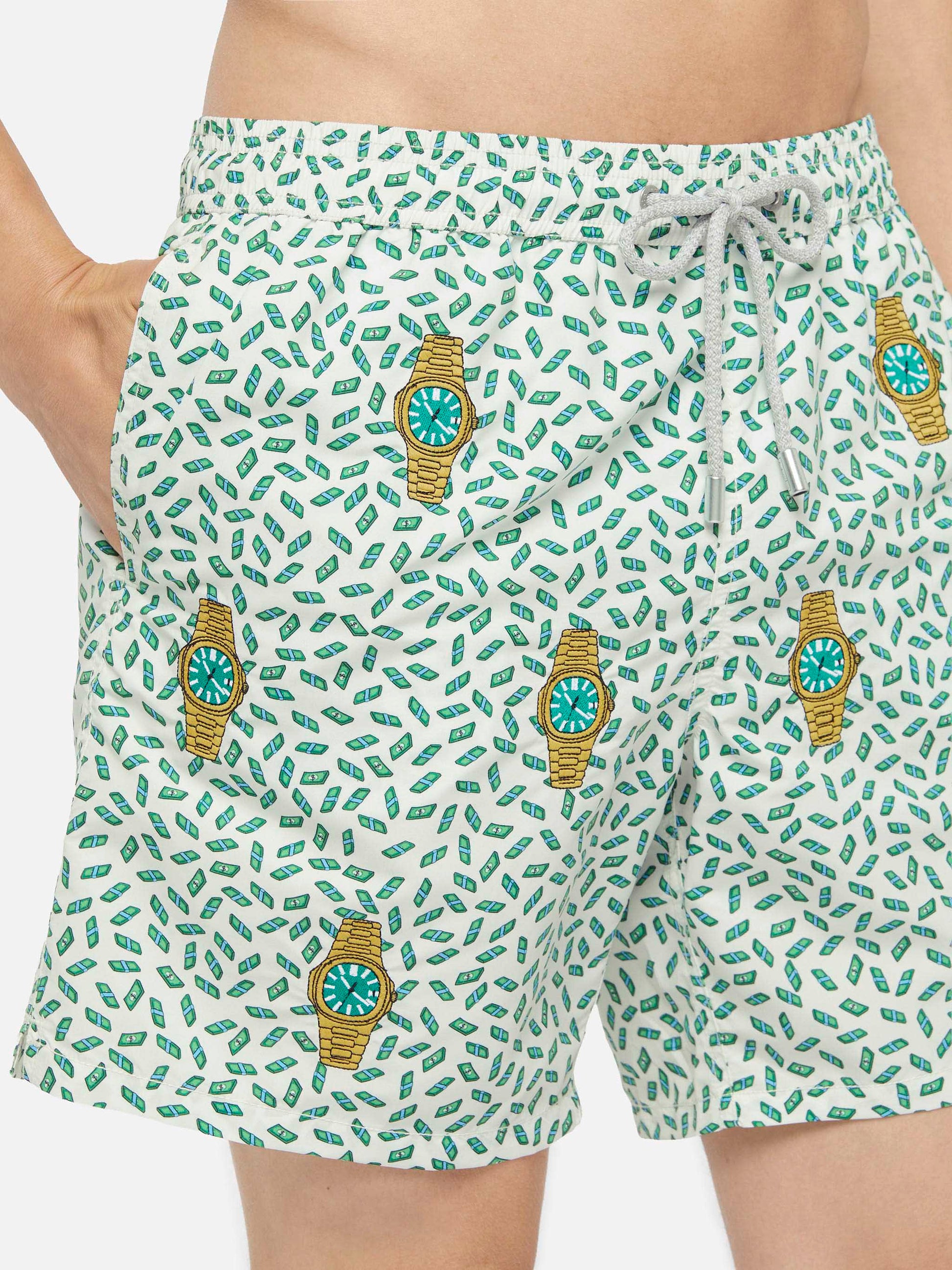 Mid-length striped Gustavia swim-shorts with watches embroidery - MC2 Saint Barth