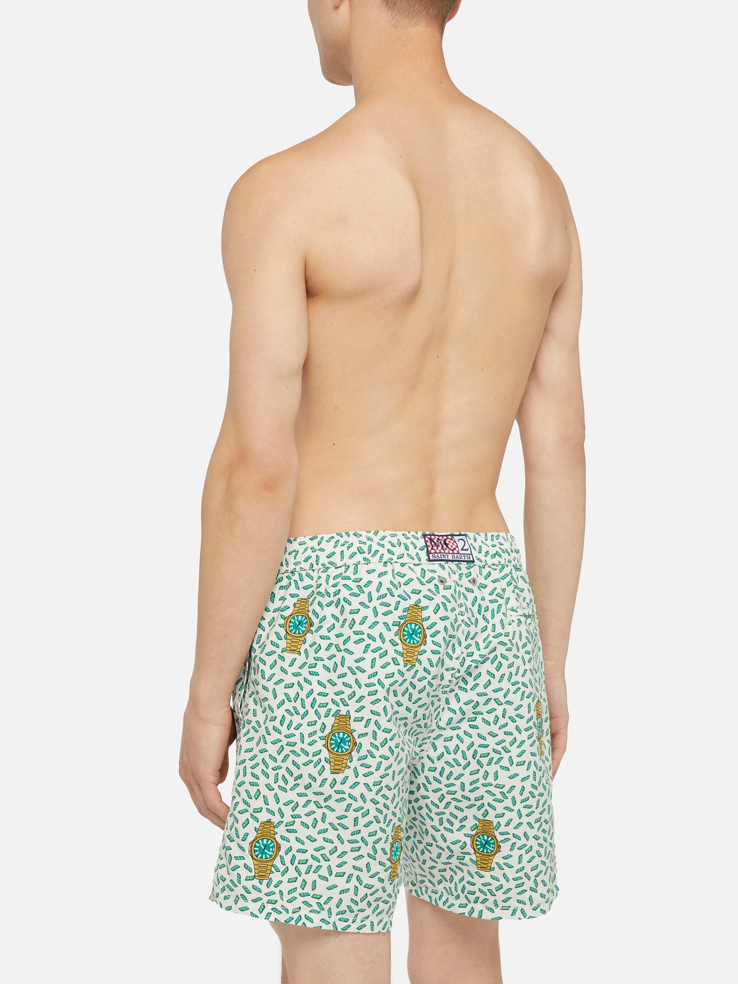 Mid-length striped Gustavia swim-shorts with watches embroidery - MC2 Saint Barth
