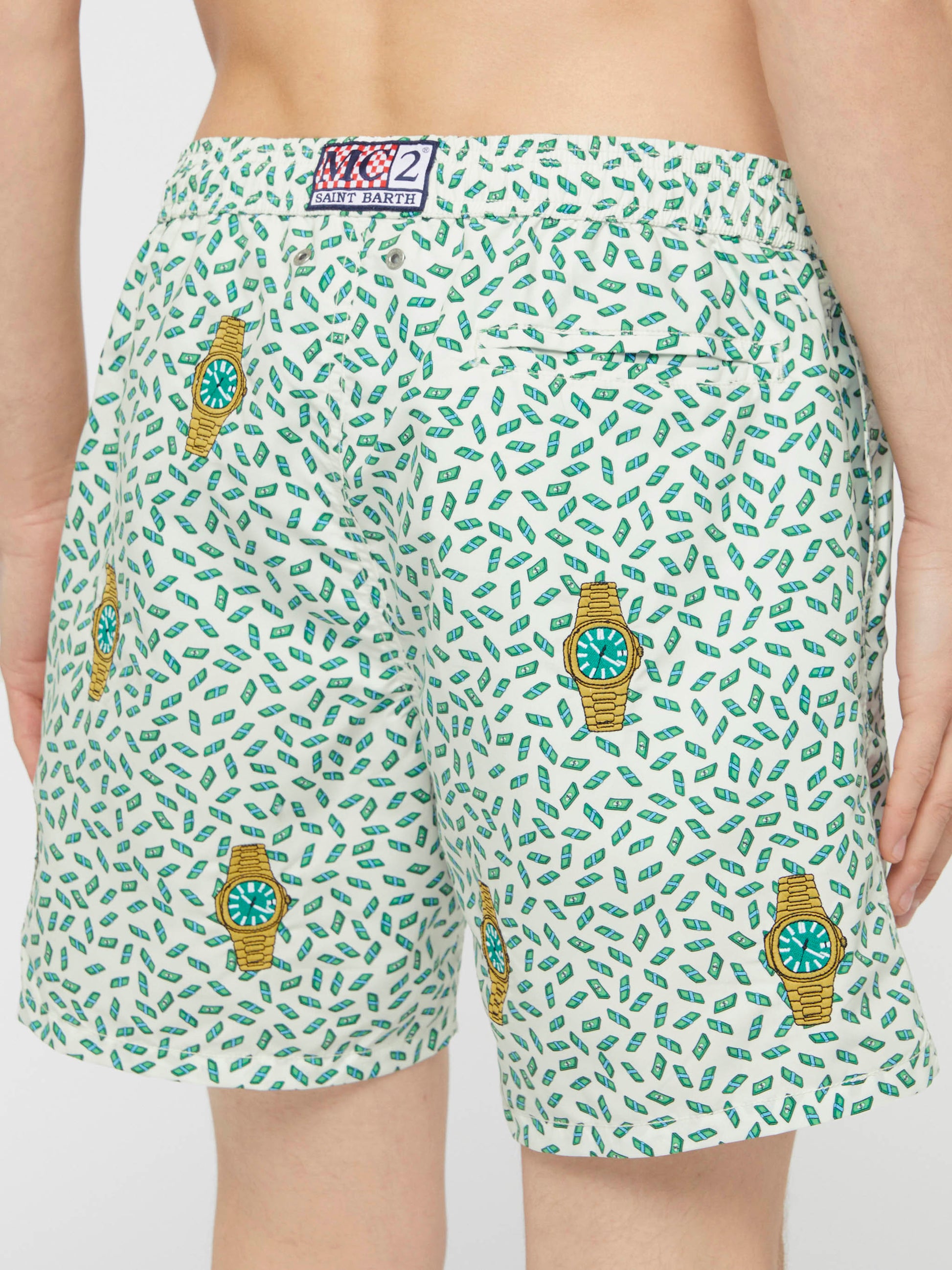 Mid-length striped Gustavia swim-shorts with watches embroidery - MC2 Saint Barth