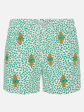 Costume mare lunghezza media Gustavia a righe con ricamo orologi