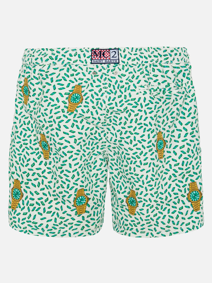 Costume mare lunghezza media Gustavia a righe con ricamo orologi