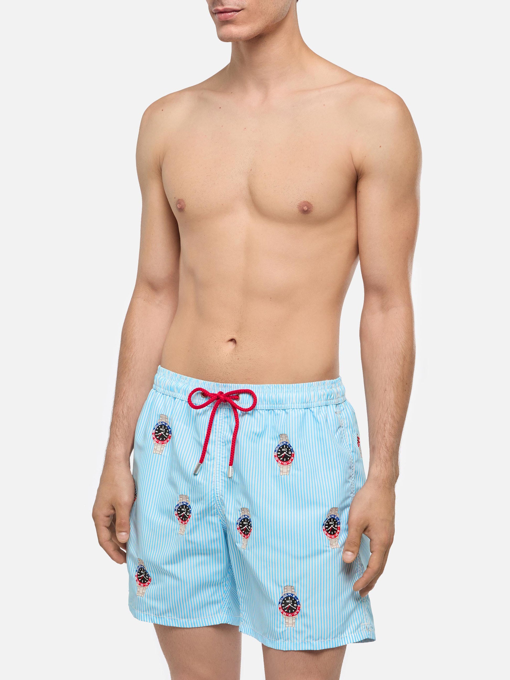 Mid-length striped Gustavia swim-shorts with watches embroidery - MC2 Saint Barth