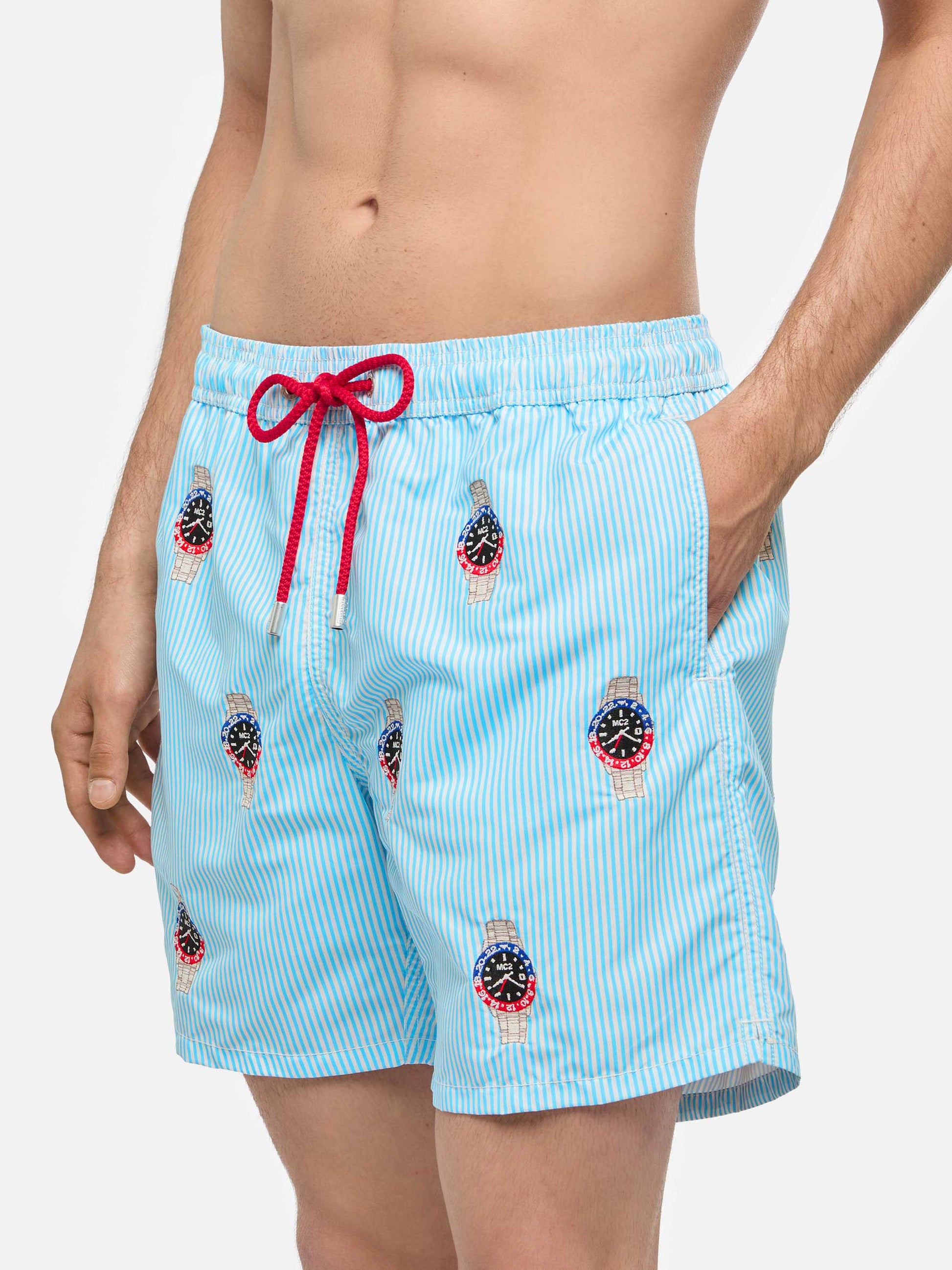 Mid-length striped Gustavia swim-shorts with watches embroidery - MC2 Saint Barth