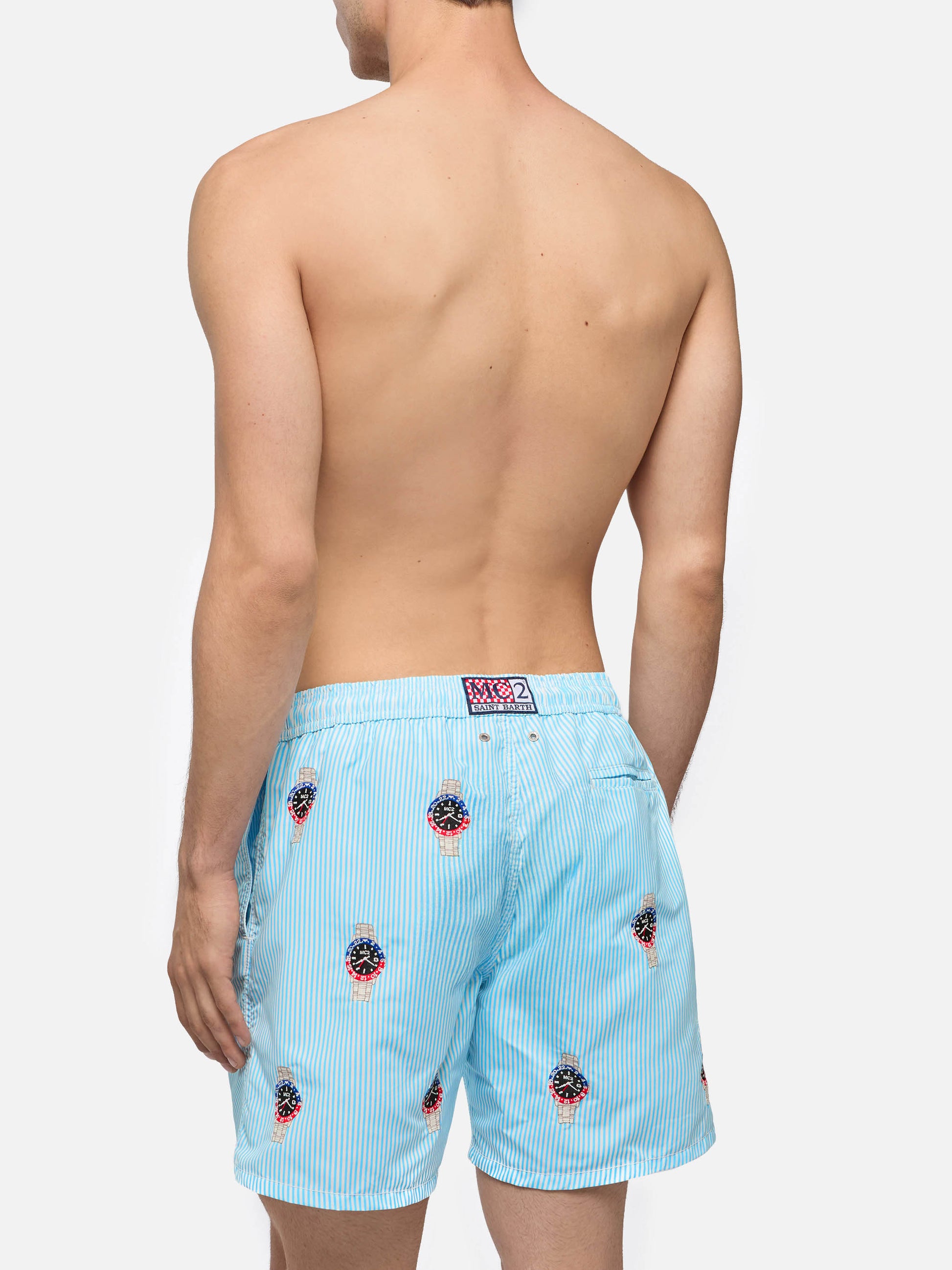 Mid-length striped Gustavia swim-shorts with watches embroidery - MC2 Saint Barth