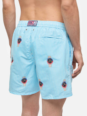 Mid-length striped Gustavia swim-shorts with watches embroidery - MC2 Saint Barth
