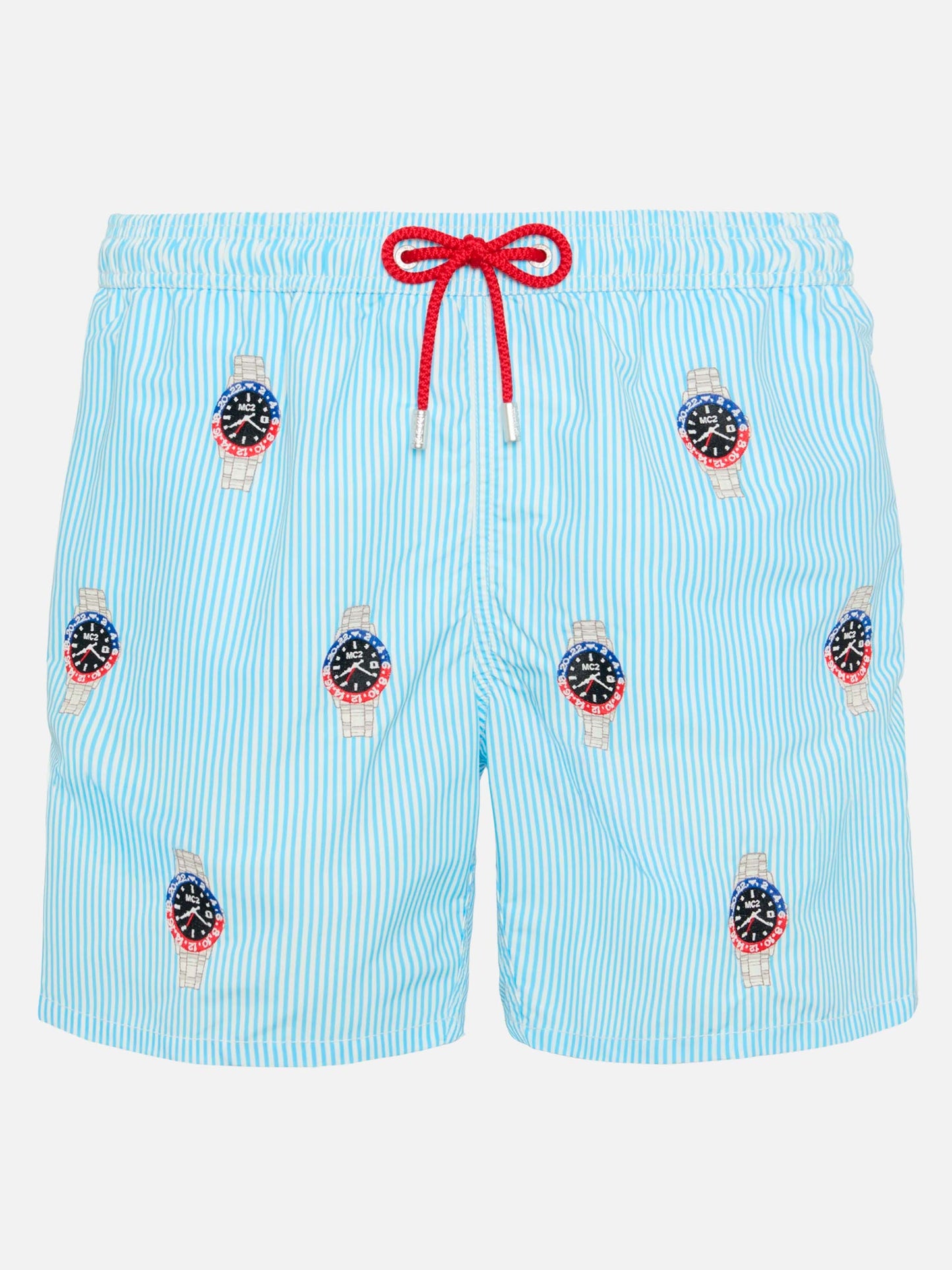 Costume mare lunghezza media Gustavia a righe con ricamo orologi