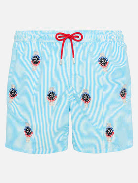 Costume mare lunghezza media Gustavia a righe con ricamo orologi