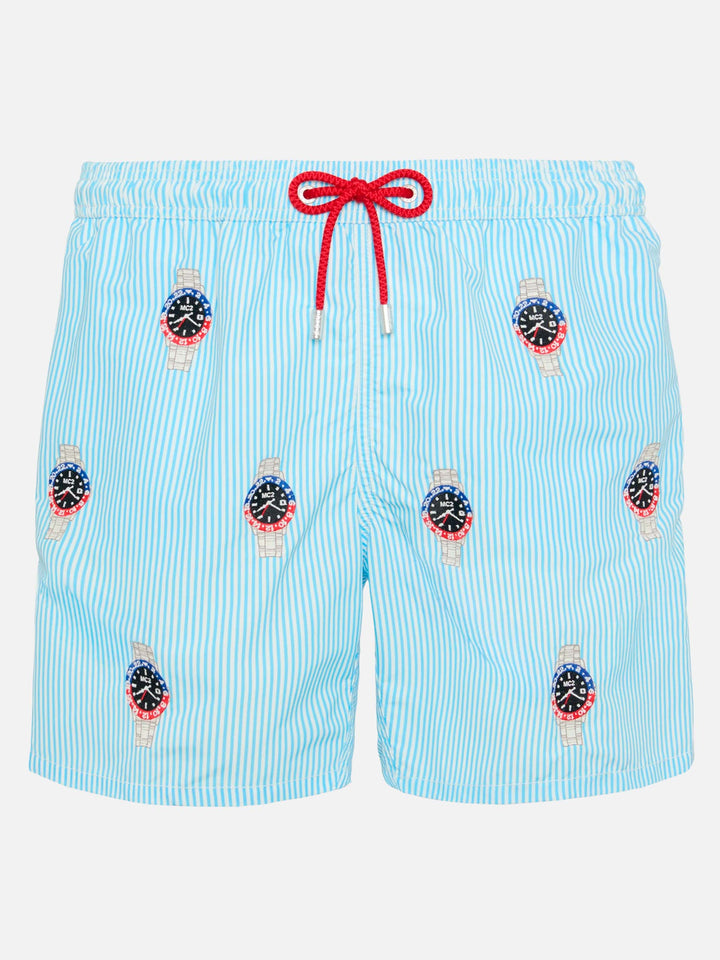 Costume mare lunghezza media Gustavia a righe con ricamo orologi