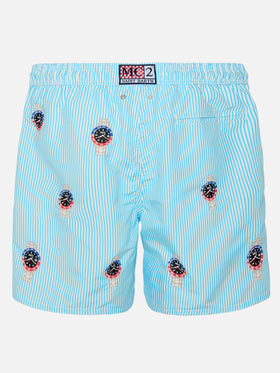 Costume mare lunghezza media Gustavia a righe con ricamo orologi