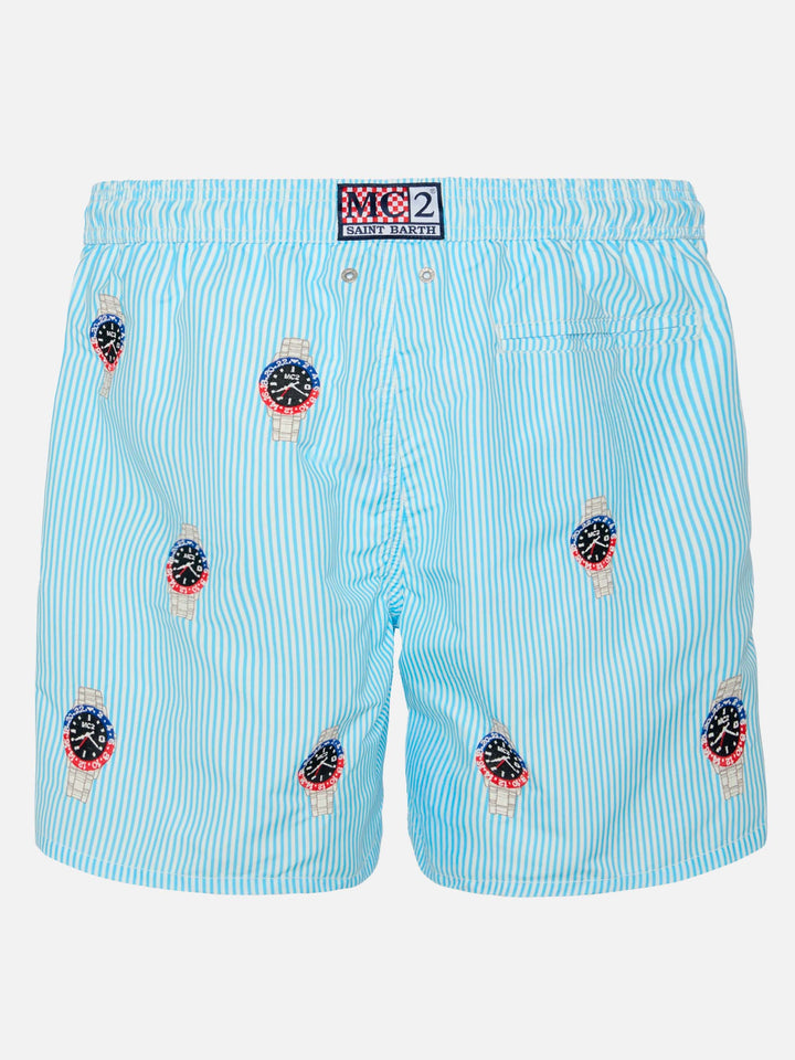 Mid-length striped Gustavia swim-shorts with watches embroidery