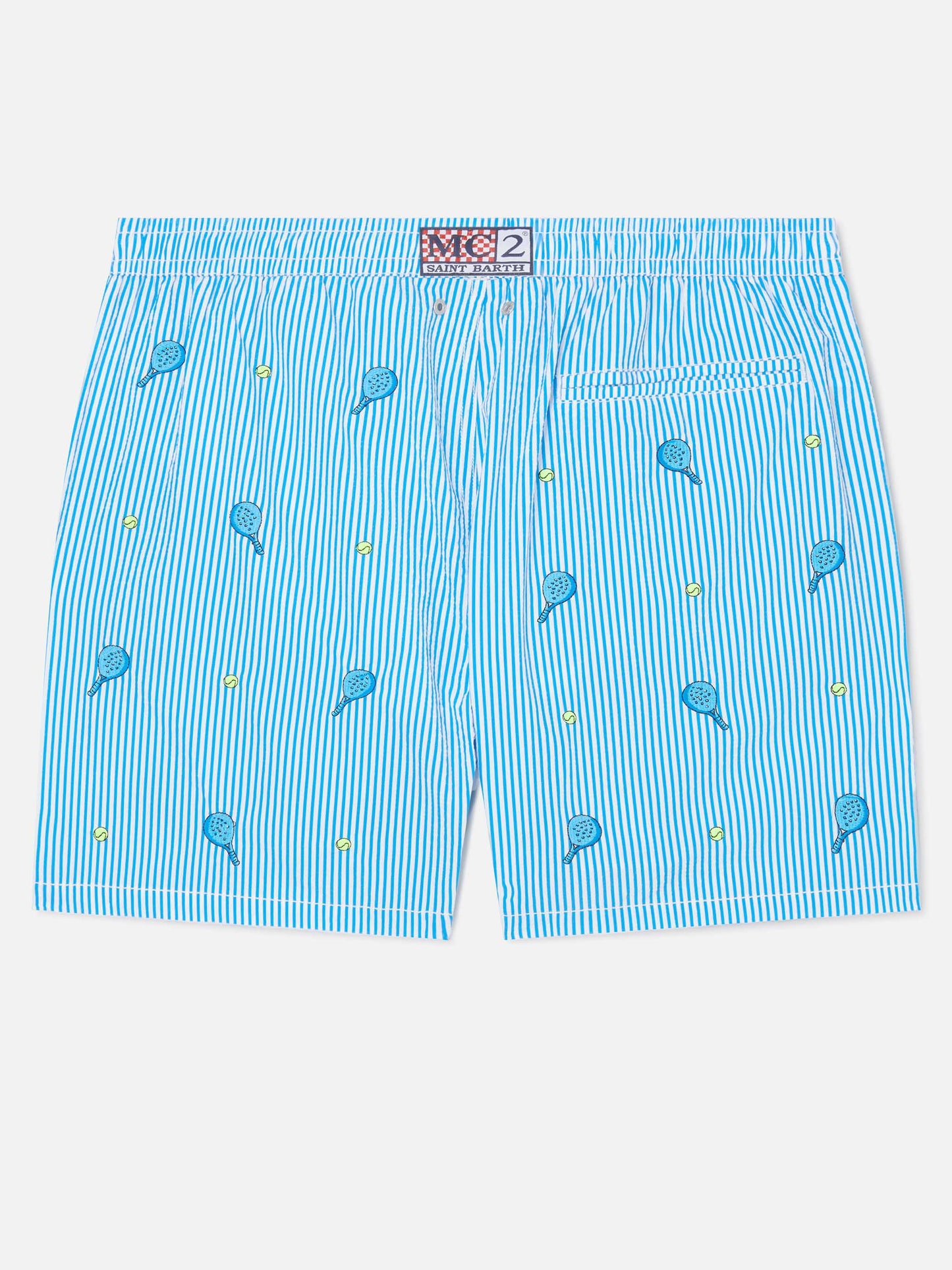 Gustavia seersucker striped swim shorts with embroidery