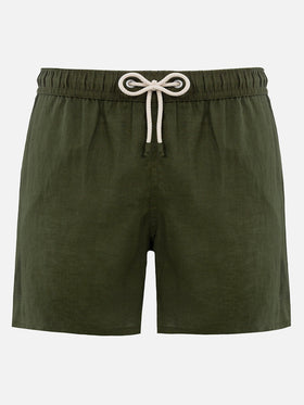 Mid-length military green linen swim-shorts Gustavia
