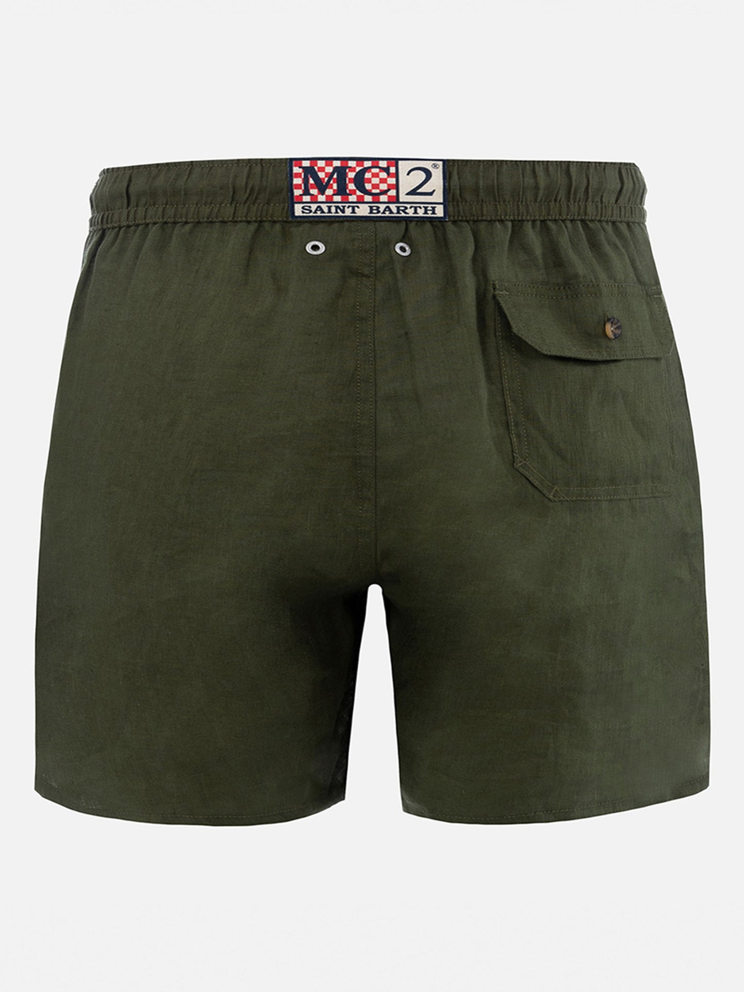 Mid-length military green linen swim-shorts Gustavia