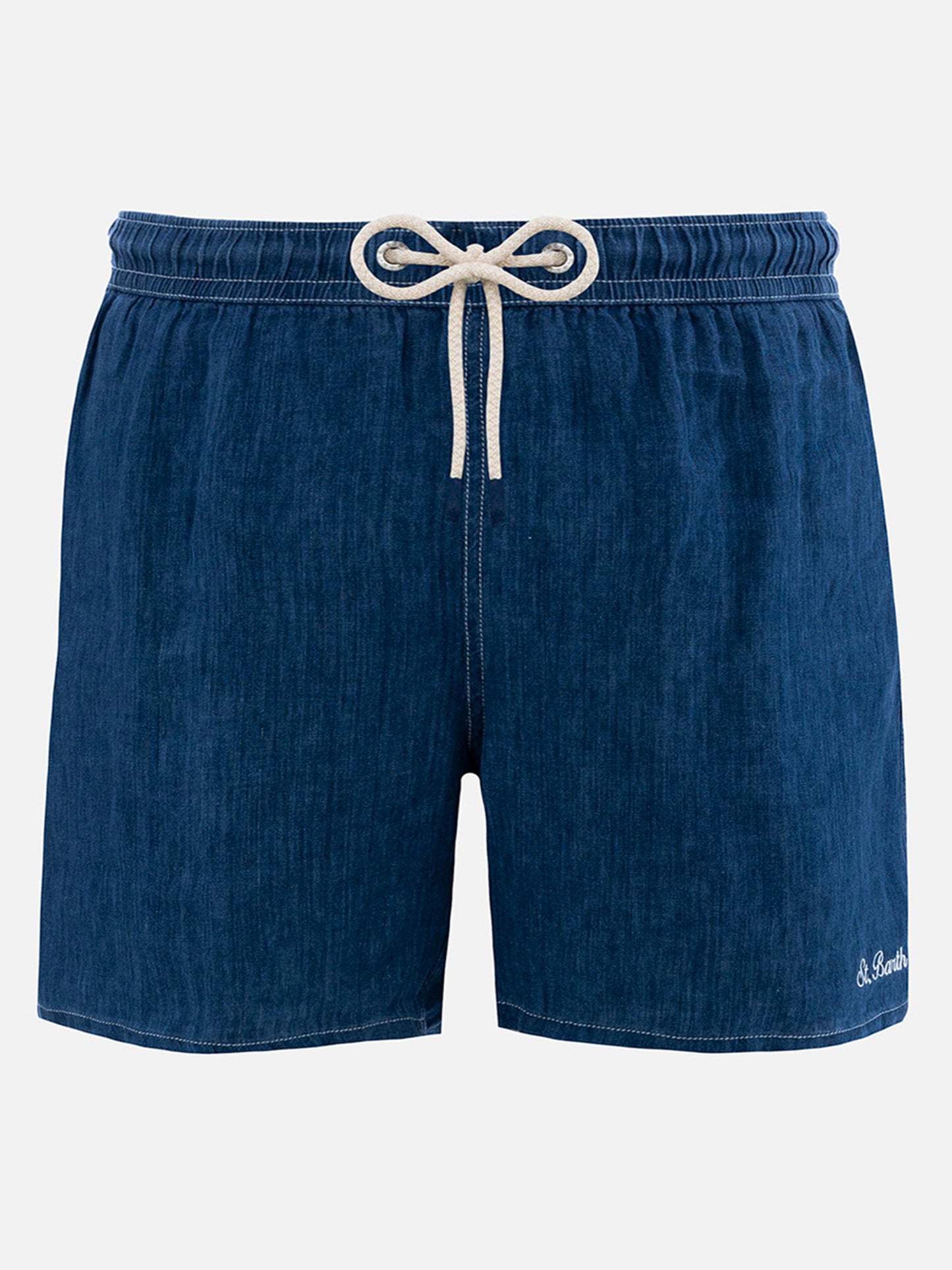 Man mid-length denim blue linen swim-shorts Gustavia