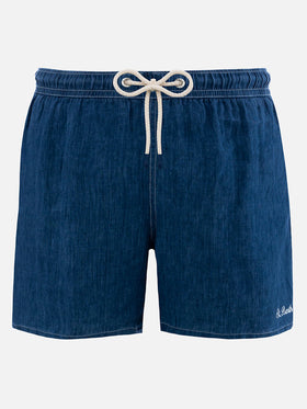 Man mid-length denim blue linen swim-shorts Gustavia