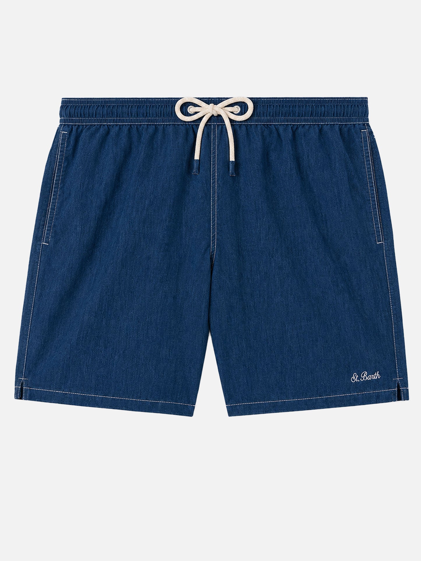 Mittellange Herren-Badeshorts aus Denim in Blau aus Leinen Gustavia