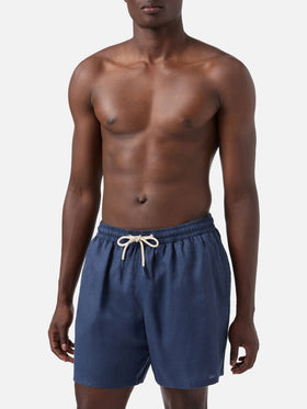 Gustavia blue plain-color linen swim shorts