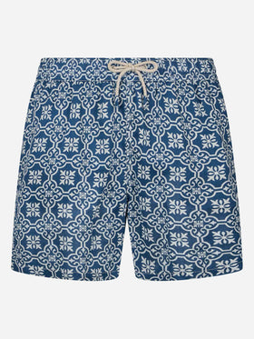 Man mid-length linen swim-shorts Gustavia with majolica print - MC2 Saint Barth