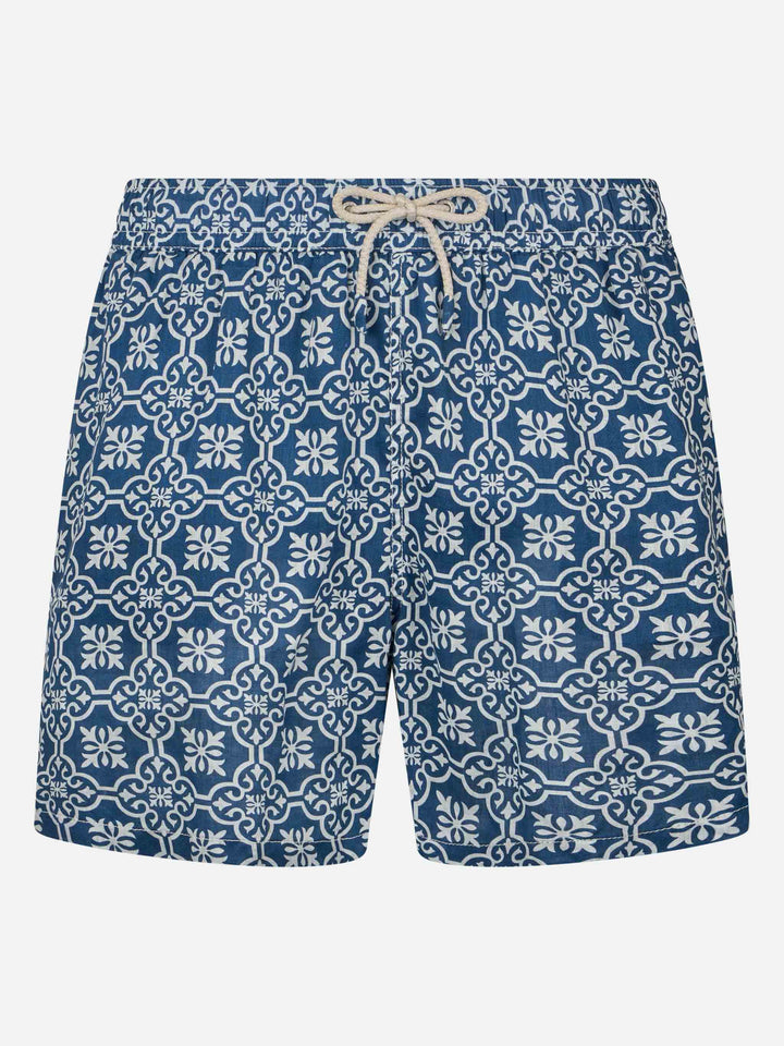 Man mid-length linen swim-shorts Gustavia with majolica print - MC2 Saint Barth