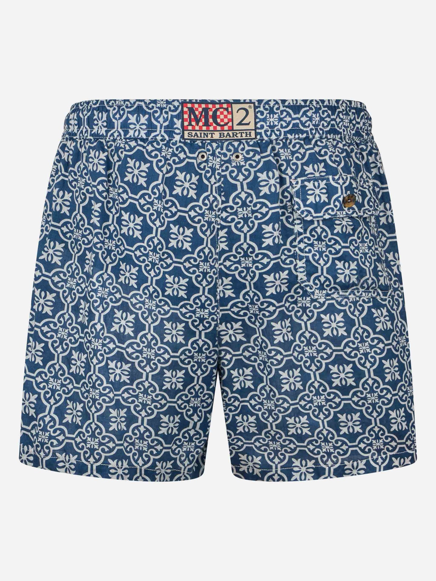 Man mid-length linen swim-shorts Gustavia with majolica print - MC2 Saint Barth