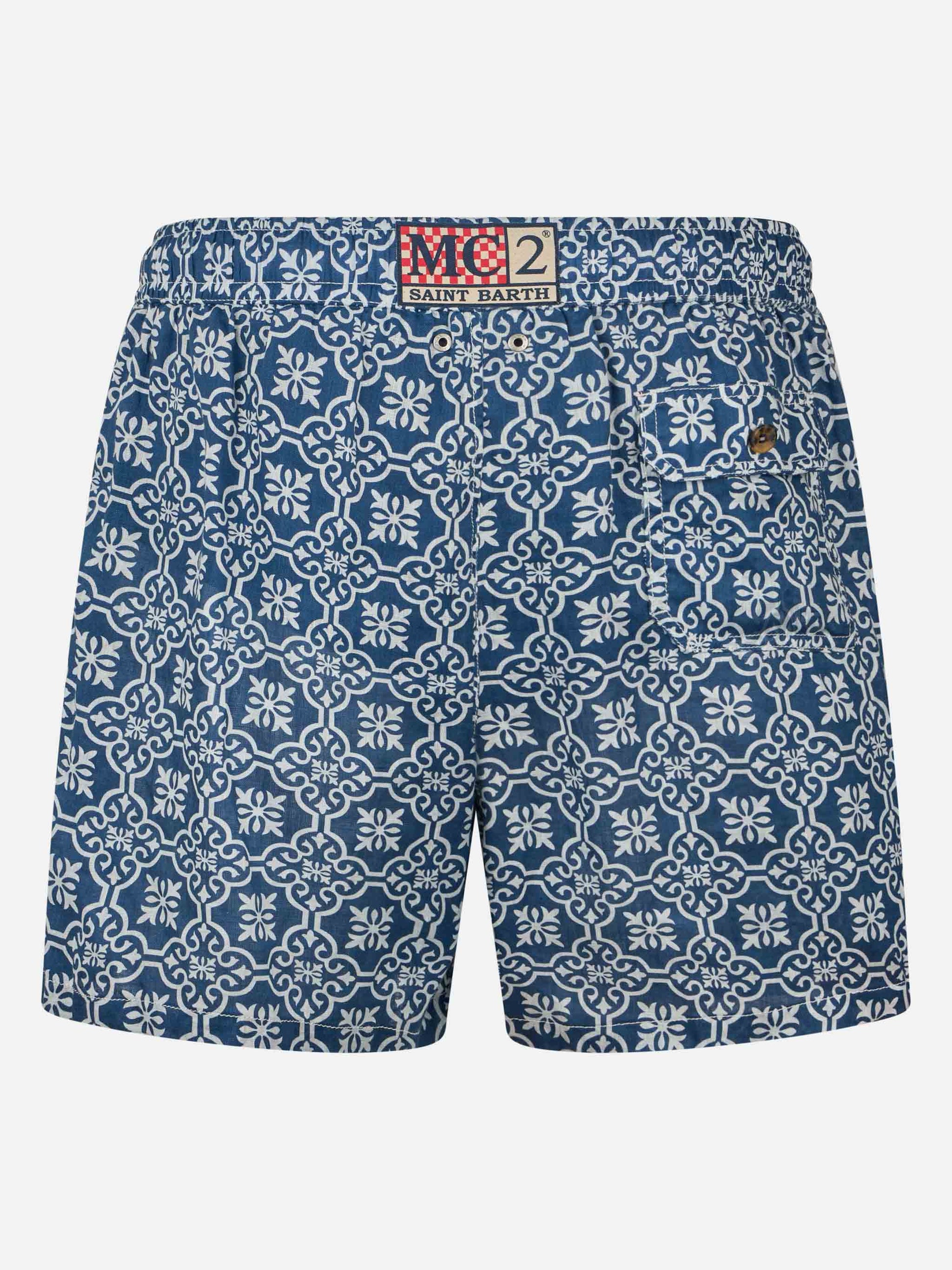 Man mid-length linen swim-shorts Gustavia with majolica print - MC2 Saint Barth