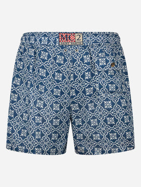 Man mid-length linen swim-shorts Gustavia with majolica print - MC2 Saint Barth