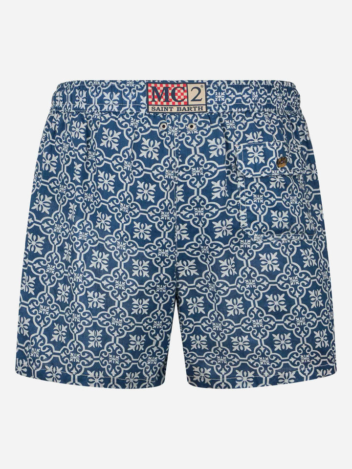 Man mid-length linen swim-shorts Gustavia with majolica print - MC2 Saint Barth