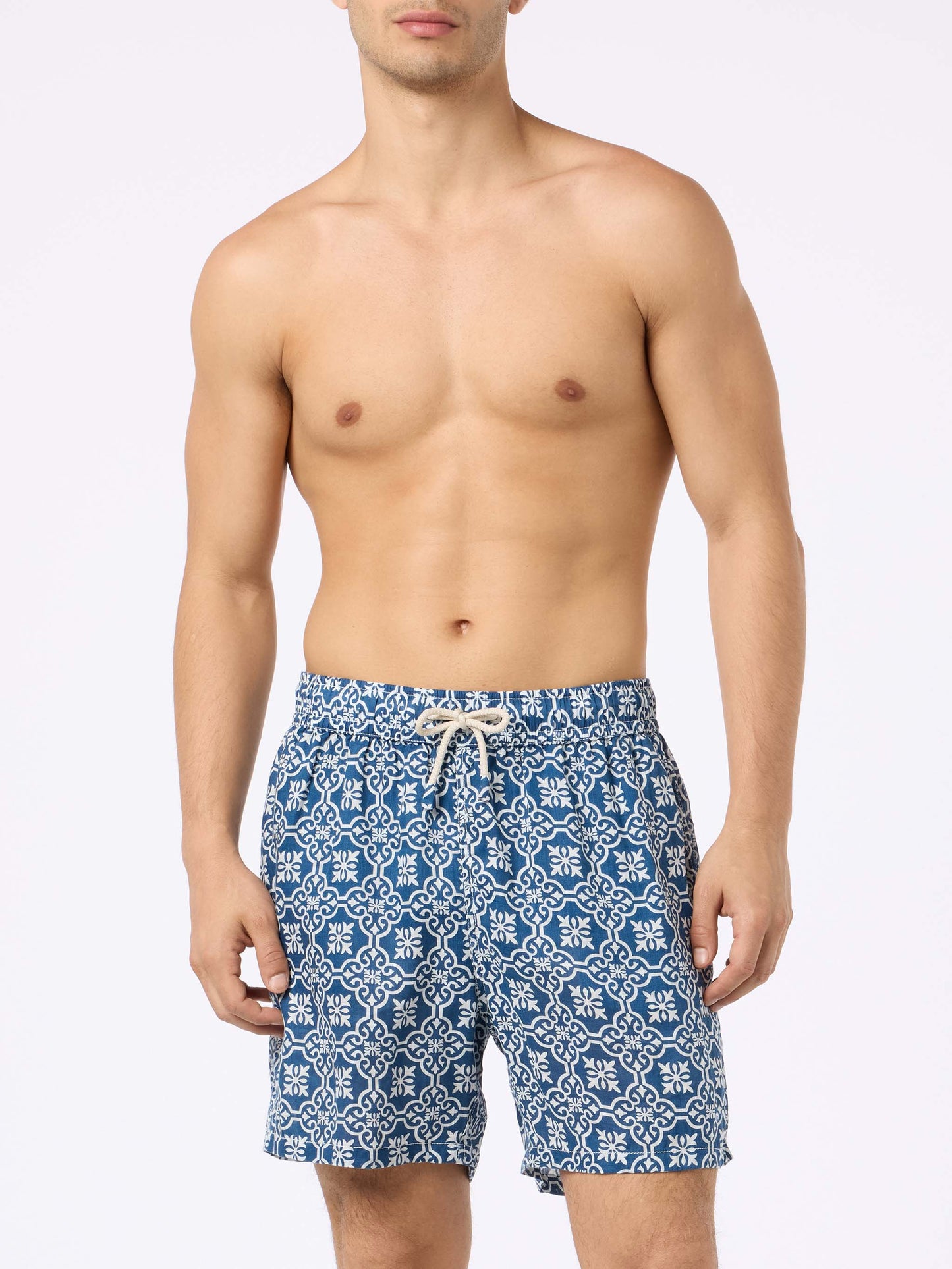 Man mid-length linen swim-shorts Gustavia with majolica print - MC2 Saint Barth