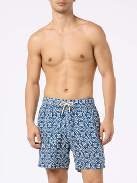 Man mid-length linen swim-shorts Gustavia with majolica print - MC2 Saint Barth