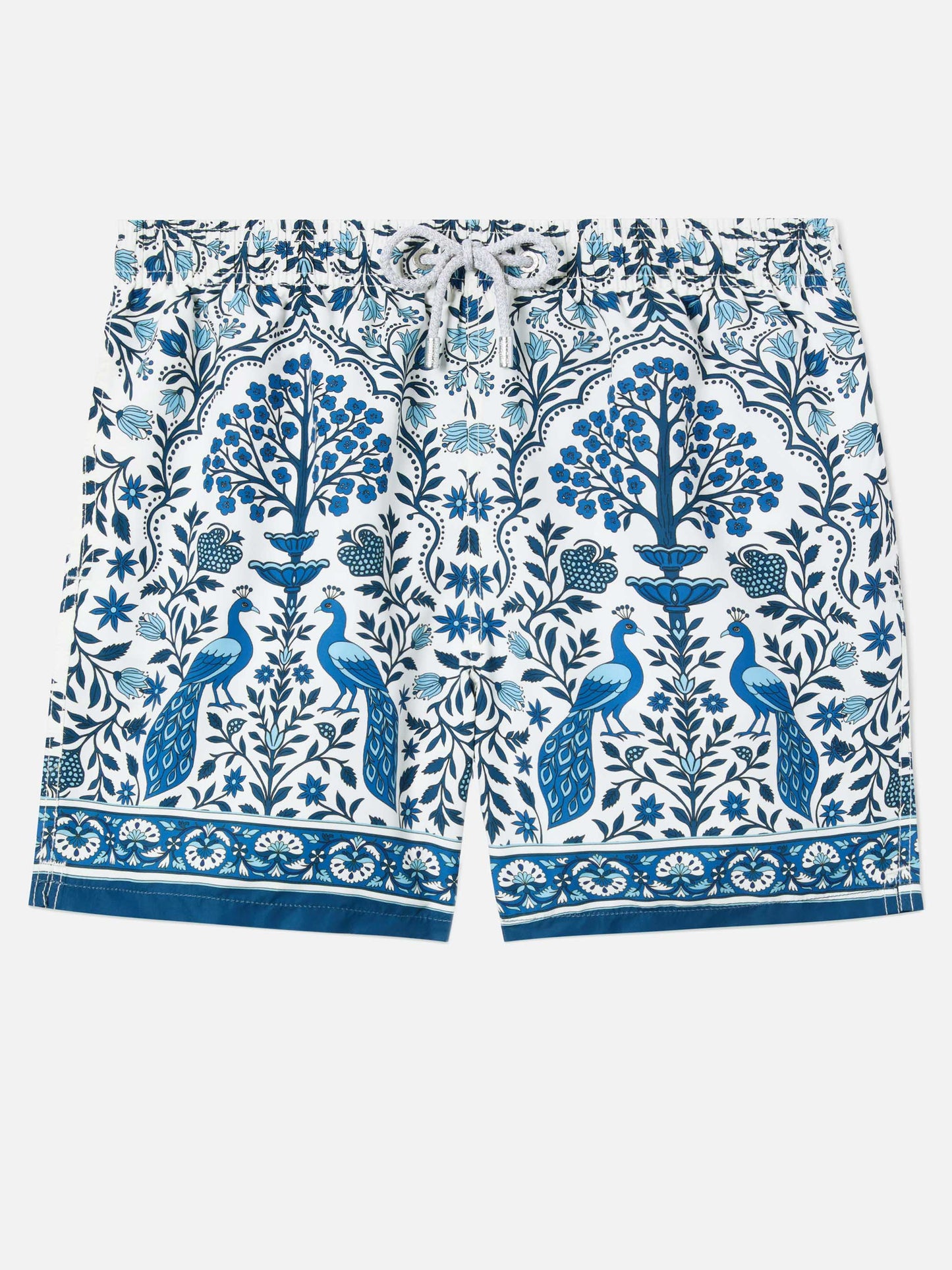 Gustavia white swim shorts with contrasting peacock print